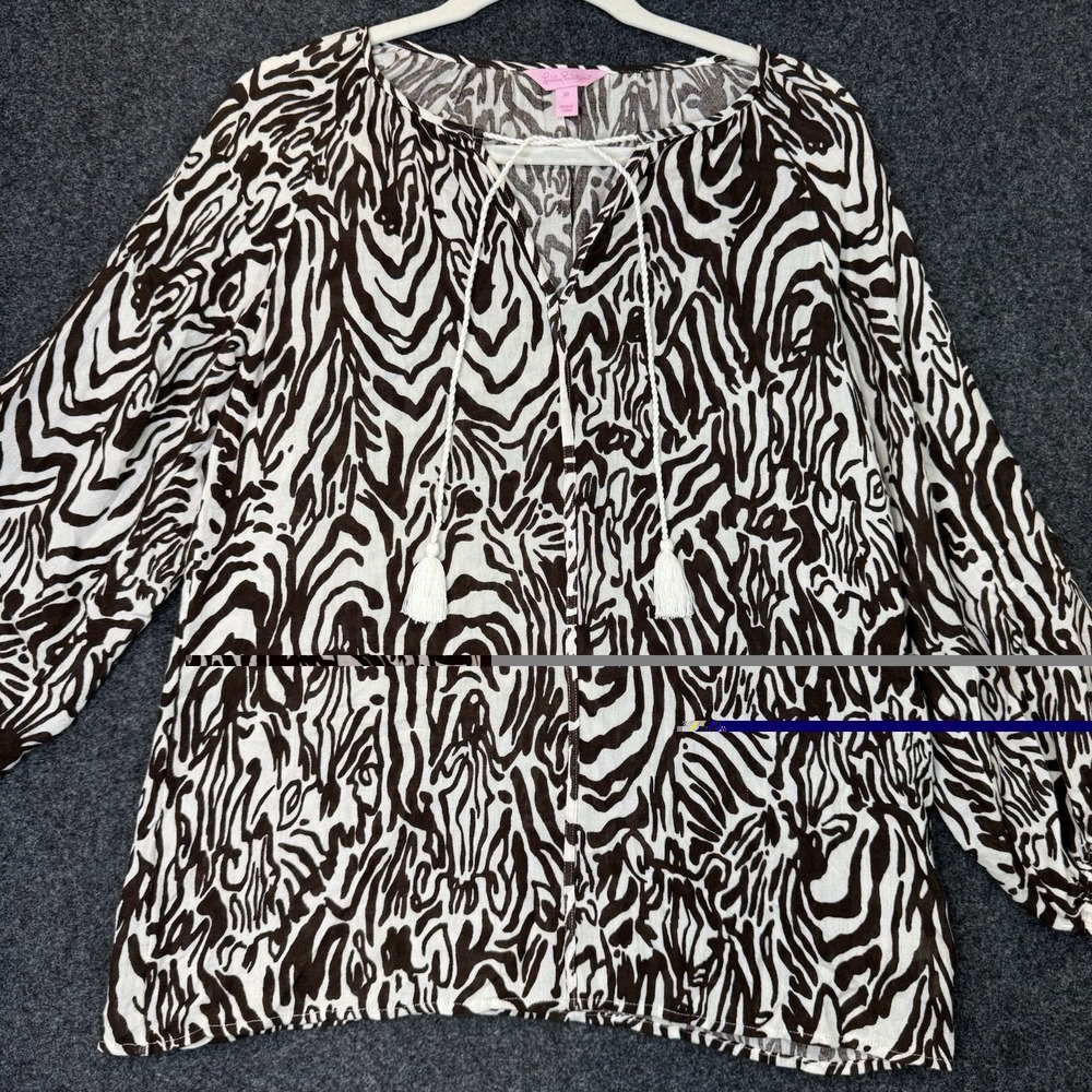 Lilly Pulitzer Etta Peasant Top M Brazilian Entourage Zebra Tassel Tie Blouse